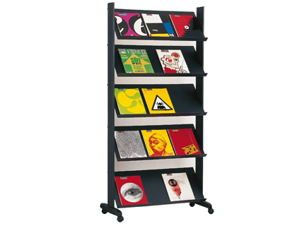 PRSENTOIR PAPERFLOW MOBILE MTALLIQUE POLYSTYRNE LARGE 5 TABLETTES 4 ROULETTES REBORD 4CM 167.5X85.5X38.5CM