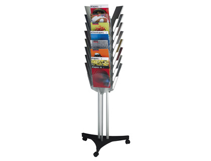 PRSENTOIR PAPERFLOW MOBILE POLYSTYRNE TRIPLE-FACE 3 ROUES 24 CASES A4 250 LEAFLETS/CASE TABLETTE CRISTAL 167X63.6X56CM