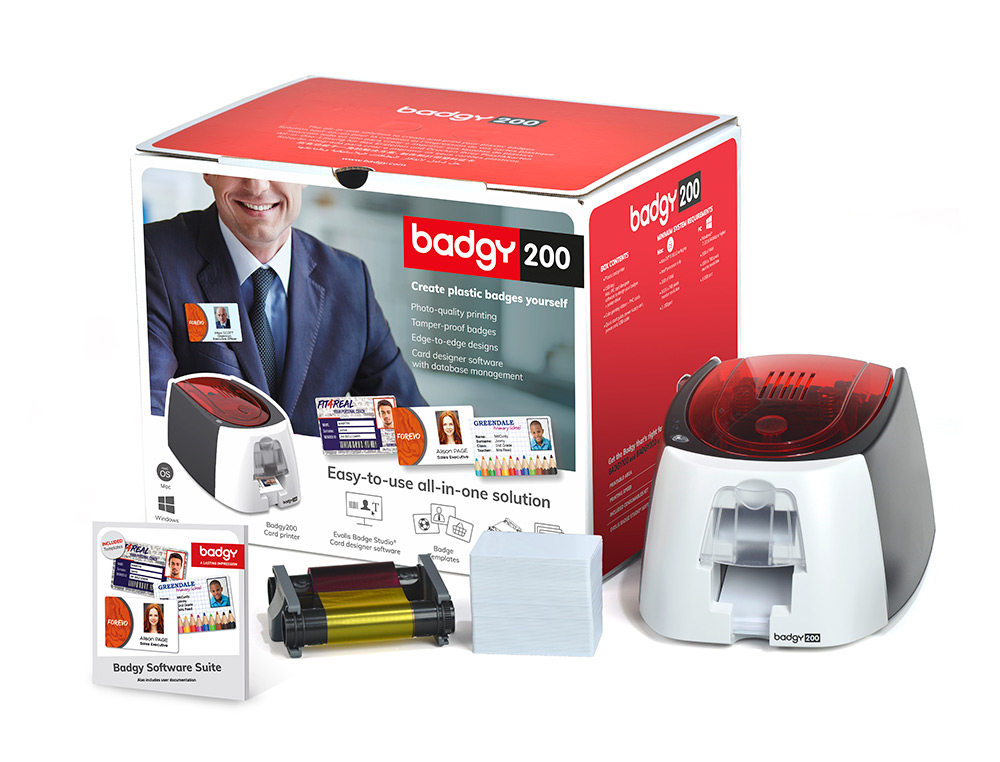 IMPRIMANTE CARTES BADGY 200 INCLUS 1 RUBAN DE COULEUR 100 IMPRES 100 CARTES PVC         BLANCHES ET LOGICIEL