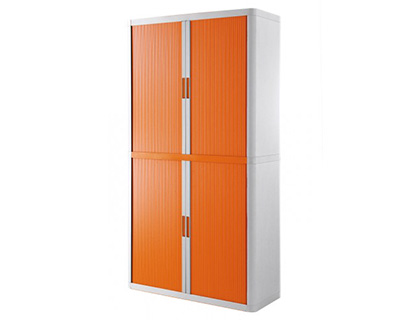 ARMOIRE PAPERFLOW EASYOFFICE 4 TABLETTES CHARGE 75KG STRUCTURE BLANCHE RIDEAUX 204X110X41,5CM COLORIS BLANC/ORANGE