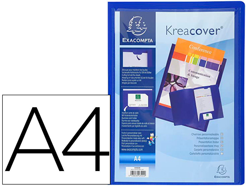 CHEMISE PRSENTATION EXACOMPTA KREACOVER POLYPROPYLNE SOUPLE 4/10E A4 24X32CM PERSONNALISABLE COLORIS BLEU