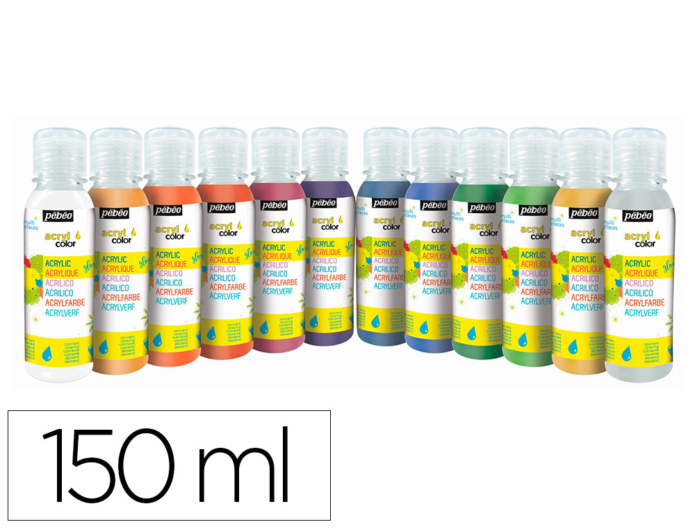 GOUACHE ACRYLIQUE PEBEO ACRYLCOLOR TOUS SUPPORTS      COLORIS ASSORTIS PAILLETES    LOT 12 FLACONS X 150ML