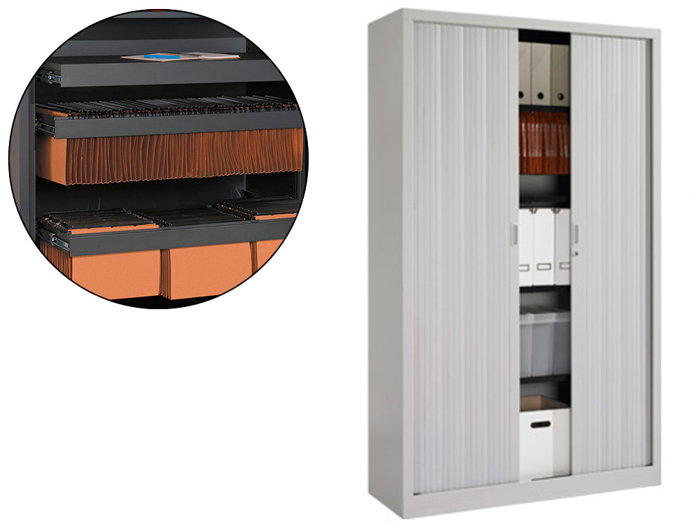 ARMOIRE MONOBLOC A RIDEAUX PVC NON FEU M1 EOL 4 TABLETTES H198CM L120CM P43CM CORPS ET FINITION COULEUR GRIS CLAIR